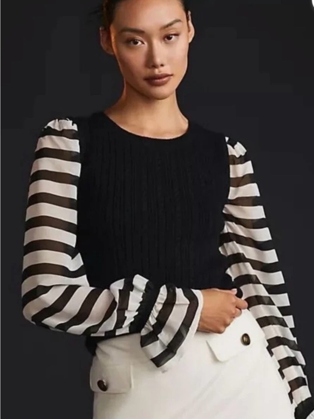 Maeve Anthropologie Cable Knit Sheer Sleeve Sweater M